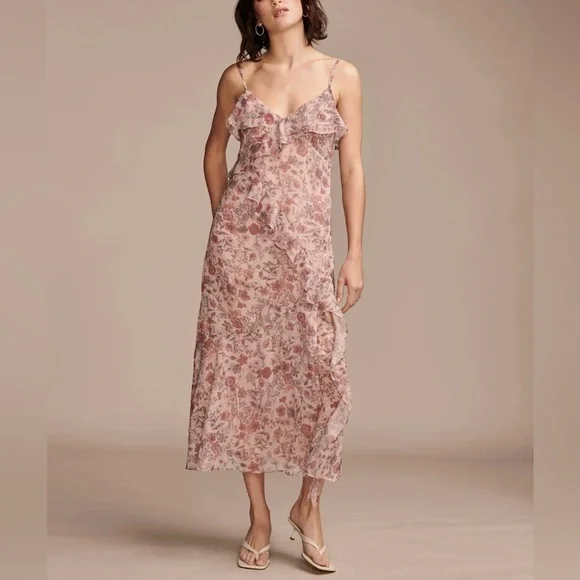 NWT Lucky Brand Women's Ruffled Chiffon Lurex Floral Midi Slip Dress Rose - Picture 1 of 16